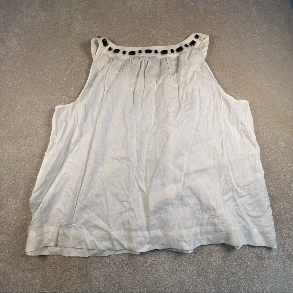 Avenue 100% Linen White Sleeveless Top Black Beaded Neck Women's 30/32